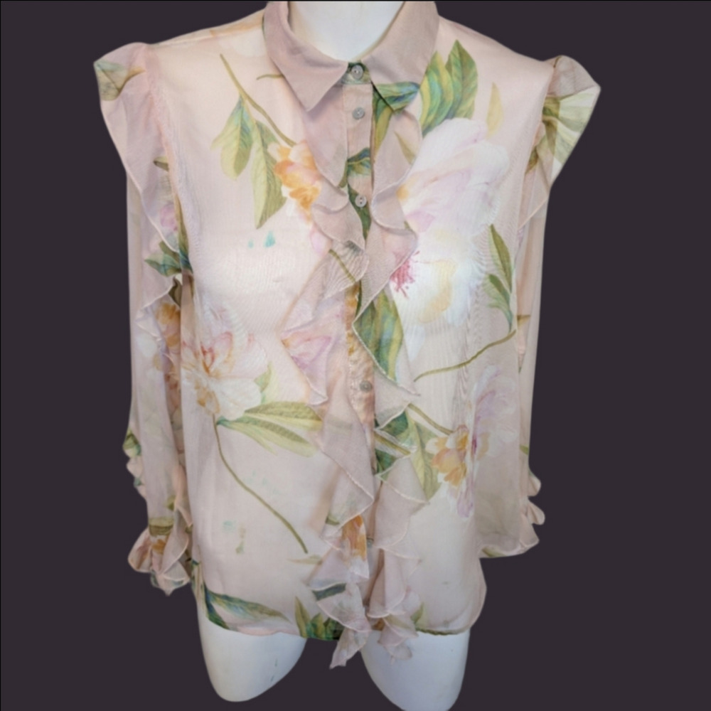 ZARA  Sheer Long Sleeve Floral Ruffle Blouse - Cream and Green Size M